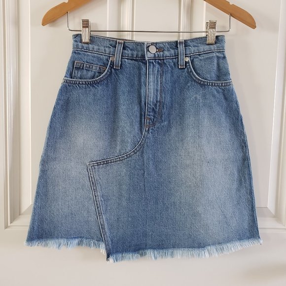 BLDWN Andie Asymmetric Frayed A Line Blue Denim Skirt SZ 24 - Picture 1 of 15